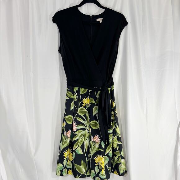 Dressbarn Fit Flare Dress 12 | Black Colorblock V-Neck Floral Leaf Party Dress - Picture 1 of 6